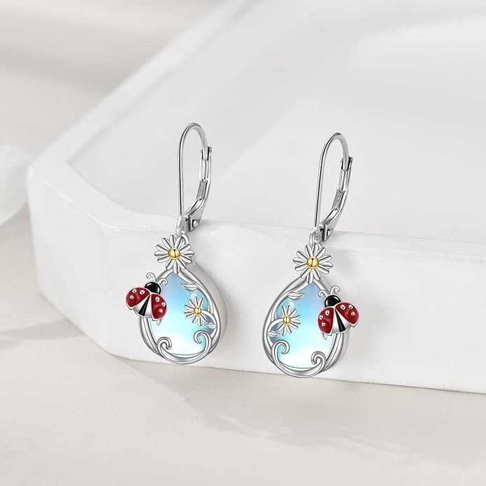 AOBOCO Butterfly/Dragonfly/Bee/Ladybug Leverback Earrings 925 Sterling Silver Rose Lotus Tulip Flower Filigree Dangle Earrings Teardrop Moonstone Larimar Turquoise Abalone Shell Jewelry Birthday Gifts for Women