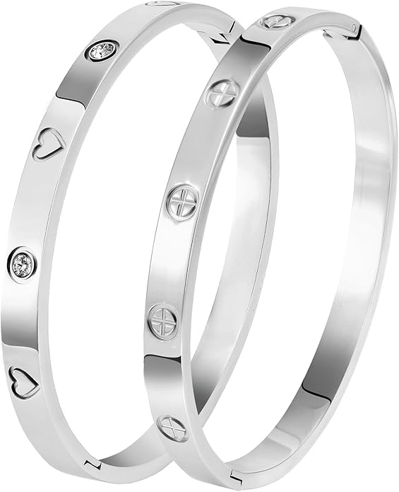 Silver Bangles for Women - Stainless Steel Love & Friendship Bracelet Set with Gift Box | Daily Wear & Party Jewelry