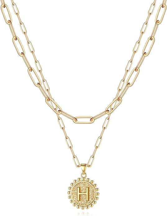 Yoosteel Gold Initial Necklaces for Women, 14K Gold Plated Dainty Layering Paperclip Link Chain Necklace Coin Initial Layered Necklaces for Women Personalized Birthday Gifts