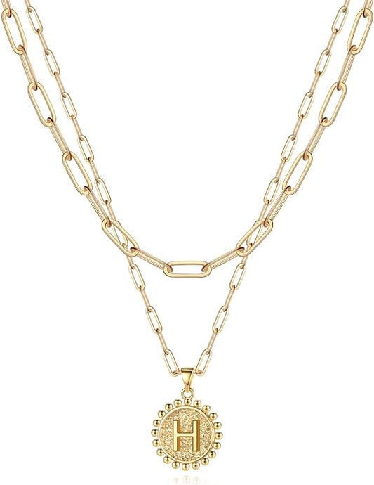 Yoosteel Gold Initial Necklaces for Women, 14K Gold Plated Dainty Layering Paperclip Link Chain Necklace Coin Initial Layered Necklaces for Women Personalized Birthday Gifts
