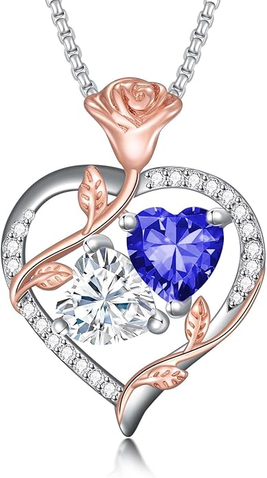 Christmas Gifts for Women Rose Heart Birthstone Pendant Necklace I Love You Forever Jewelry Valentine Mothers Day Birthday Gifts for Women Her Wife Girlfriend