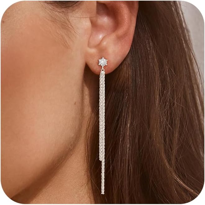 Moodear Dangle Earrings 14K Gold Plated Chain Earrings for Women Trendy Dainty Hypoallergenic Long Chain Drop Tassel CZ/Pearl Earrings Wedding Jewelry Gift