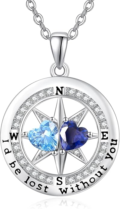 Compass Birthstones Necklace for Women, Exquisite Anniversary Birthday Gifts for Wife Her Double Birthstone Pendant jewelry ‘I'd be Lost Without You’