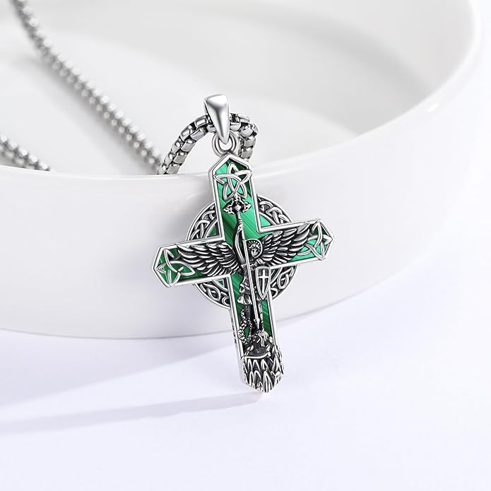 Midir&Etain Cross Necklace 925 Sterling Silver Celtic Christian Pendant Religious Protection Jewelry for Women Men
