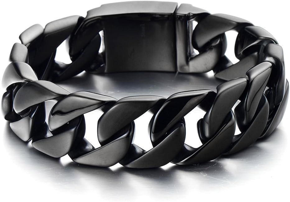 COOLSTEELANDBEYOND Mens Stainless Steel Large Curb Chain Link Bracelet Solid Curb Chain Wristband Biker Punk Jewelry Masculine Accessory