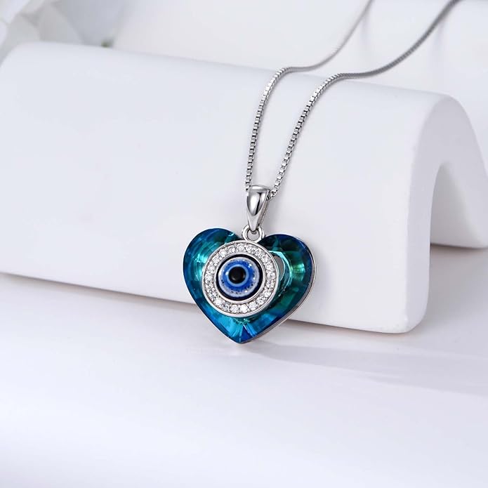 POPKIMI Evil Eye Necklace for Women - Sterling Silver Crystal Pendant With Heart - Fashion Jewelry Gifts