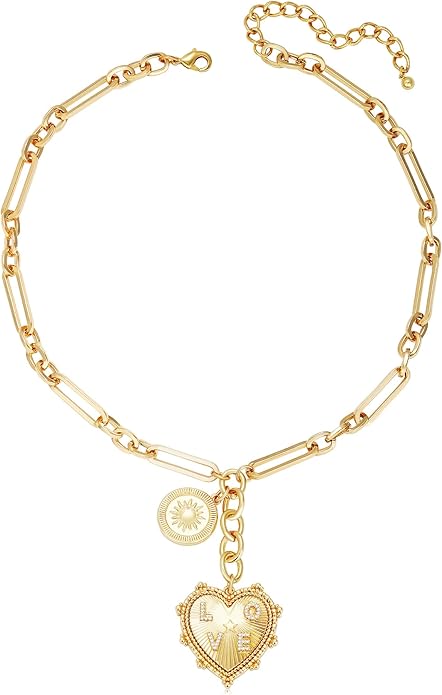 Chunky Gold Necklace for Women, 18K Waterproof Heart Necklace Statement Necklace Gold Charm Necklace Chunky Jewelry Paperclip Chain Choker Gift for Women