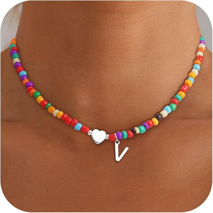 Colorful Initial Necklaces for Girls Women Kids - Teen Girls Gifts Trendy Stuff Beaded Initial Necklace Dainty Letter Choker Necklace for Girl Gifts Jewelry