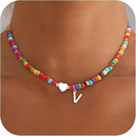 Colorful Initial Necklaces for Girls Women Kids - Teen Girls Gifts Trendy Stuff Beaded Initial Necklace Dainty Letter Choker Necklace for Girl Gifts Jewelry