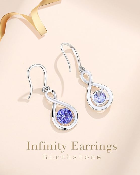 FANCIME Dangle Drop Earrings 925 Sterling Silver Dainty Infinity Round Gemstone Birthstone Jewelry Birthday Gifts for Her Women