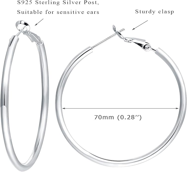 3 Pairs Sterling Silver Hoop Earrings, 14K White Gold Plated Big Hoop Earrings Set for Women 40 50 60MM