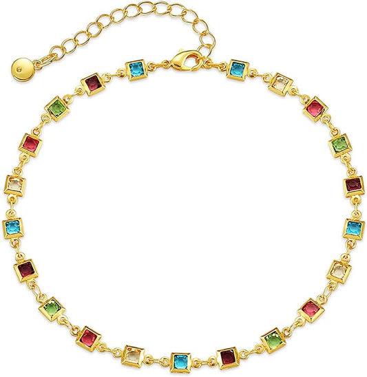 18K Gold Plated Anklet for Women Multicolor Crystal Ankle Bracelets Boho Adjustable Chain Anklets