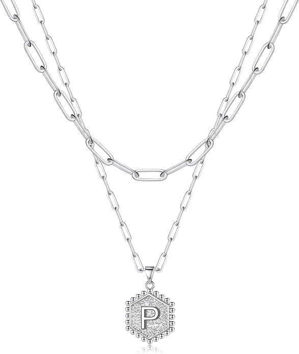 M MOOHAM Dainty Initial Necklaces for Women - Layering Necklace for Women Cute Hexagon Letter Initial Necklace Layered Necklaces for Womens Gifts