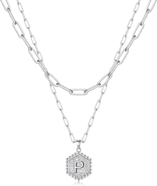 M MOOHAM Dainty Initial Necklaces for Women - Layering Necklace for Women Cute Hexagon Letter Initial Necklace Layered Necklaces for Womens Gifts