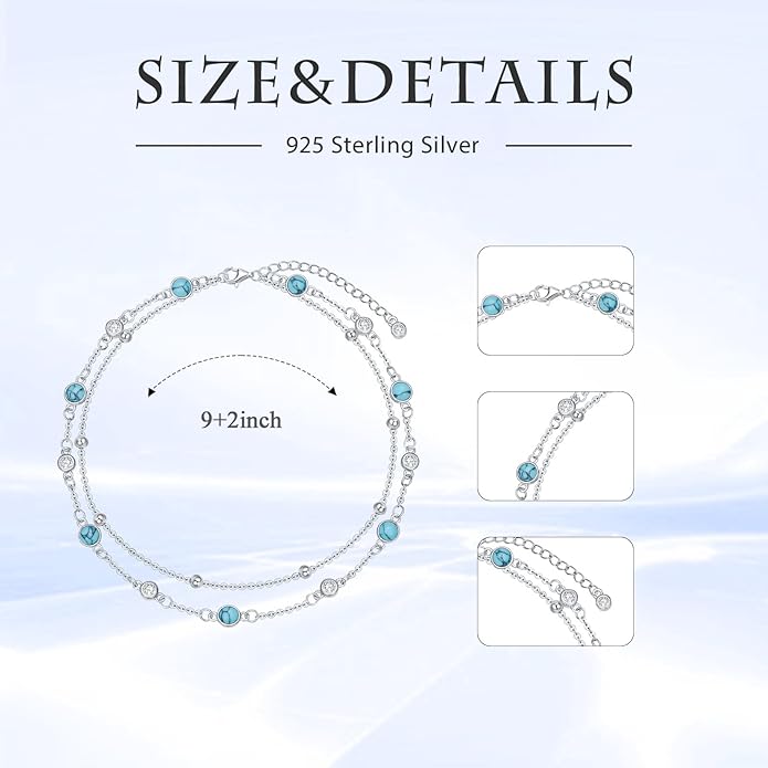 Anklets for Women 925 Sterling Silver Natural Stone Layered Anklet Beach Summer Fine Jewelry Birthday Christmas Gifts for Women Her Mom