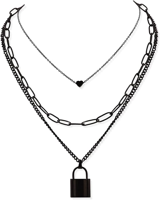Sacina Gothic Silver-Tone, Black Layered Heart Lock Necklace, Emo Grunge Punk Necklace, Goth Jewelry, Halloween Christmas Jewelry Gift For Women