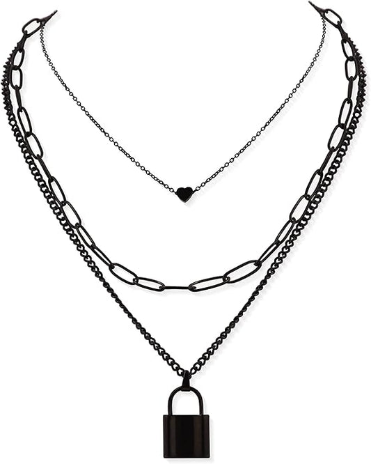 Sacina Gothic Silver-Tone, Black Layered Heart Lock Necklace, Emo Grunge Punk Necklace, Goth Jewelry, Halloween Christmas Jewelry Gift For Women