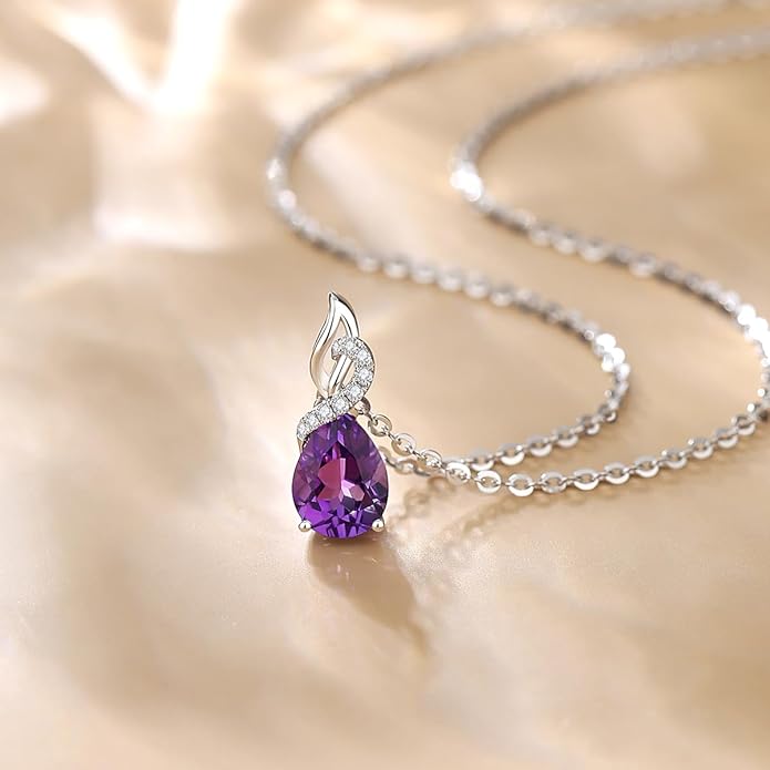 FANCIME 14K Solid White Gold Teardrop Pendant with Diamond Birthstone Necklace