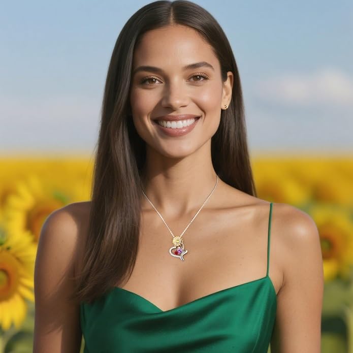 PERJI Valentine's Day Gifts for Women - 925 Sterling Silver Double Birthstone Sunflower Necklace, Anniversary Birthday Jewelry You are My Sunshine Gifts for Wife Couple Girlfriend 18"+2" Non Tarnish