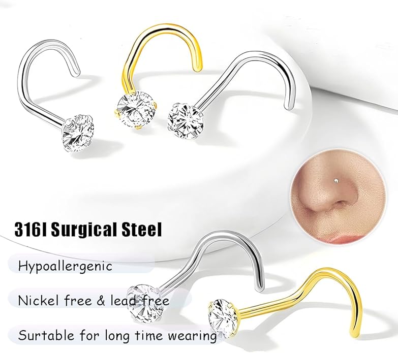 Nose Rings Studs: 8Pcs 20G Gold/Silver 316L Surgical Stainless Steel Nose Studs Hypoallergenic Corkscrew Nose Piercing Stud Jewelry for Women Men Clear Cubic Zirconia Imitation Diamond Top Size 1.5mm 2mm 2.5mm 3mm