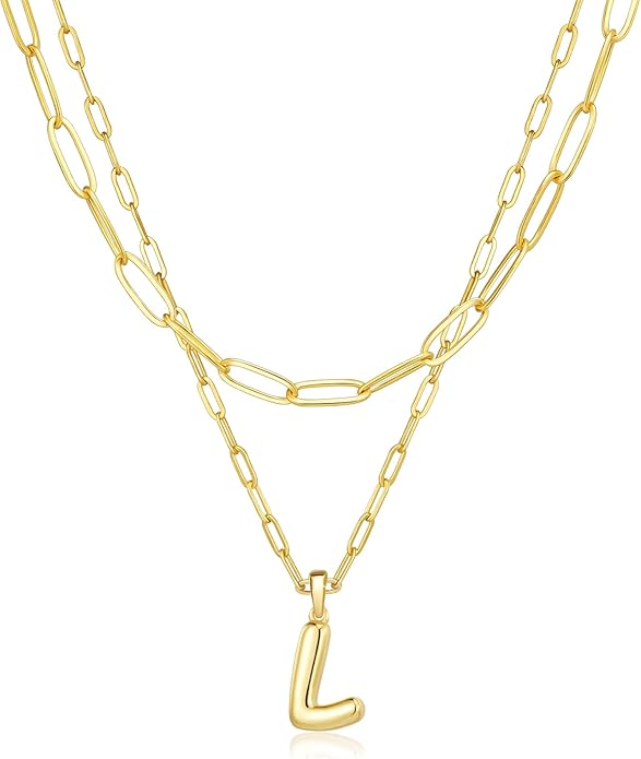 adoyi Gold Necklace for Women Layered Bubble Heart Letter Initial Necklaces for Women Trendy Jewelry 14K Gold Plated Chain Chunky Name Necklace Stack Charm A-Z Pendant Set Jewelry Gifts