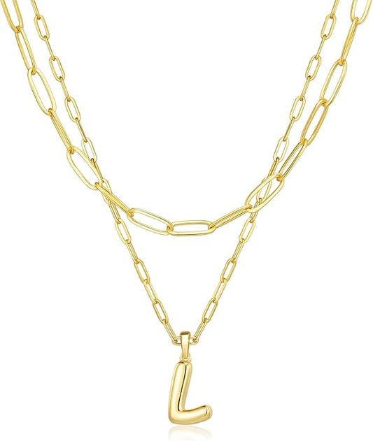 adoyi Gold Necklace for Women Layered Bubble Heart Letter Initial Necklaces for Women Trendy Jewelry 14K Gold Plated Chain Chunky Name Necklace Stack Charm A-Z Pendant Set Jewelry Gifts