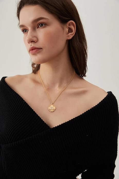 CANEVINKA 18K Gold Plate Coin Pendant Necklace for Women Dainty Compass Sunflower Necklaces Personalized Chain Layered Jewelry