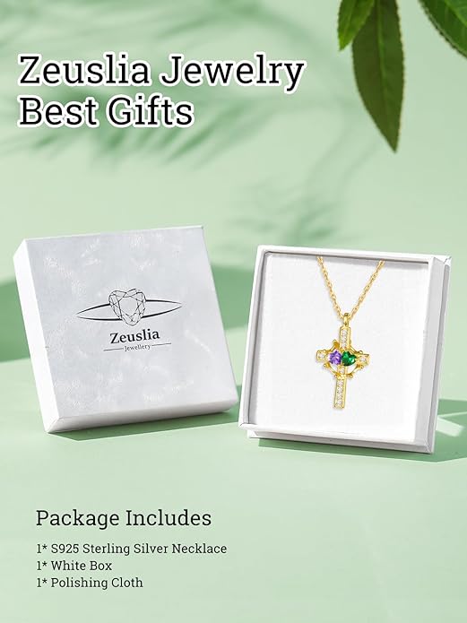Zeuslia Double Birthstone Necklace Gifts for Wife - 925 Sterling Silver Sunflower/Rose/Crown Cross/Compass/Heart Pendant I Love You Necklace, Anniversary Birthday Gifts for Wife Girlfriend Mom Her