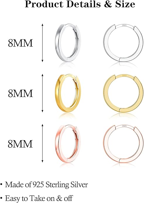 3 Pairs 925 Sterling Silver Hoop Earrings 14K White Gold Plated Small Silver Hoops Cartilage Huggie Earrings for Women Men