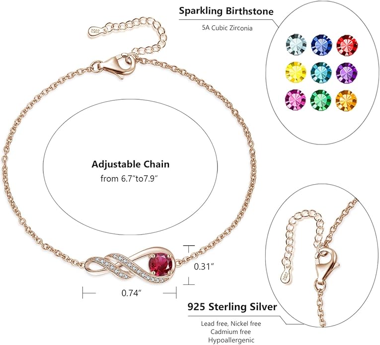 Birthstone Bracelets for Women 925 Sterling Silver Created Gemstone Bracelet Infinity Pendant Jewelry for Her, 6.7"+1.2"
