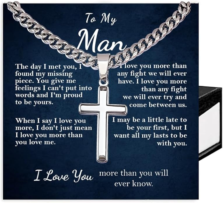 SUTERY Cross Cuban Chain Necklace - Promise Necklace for Him, Necklace for Boyfriend, Mens Necklace for Fiance, Valentine's Day