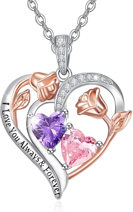 Zeuslia Double Birthstone Necklace Gifts for Wife - 925 Sterling Silver Sunflower/Rose/Crown Cross/Compass/Heart Pendant I Love You Necklace, Anniversary Birthday Gifts for Wife Girlfriend Mom Her