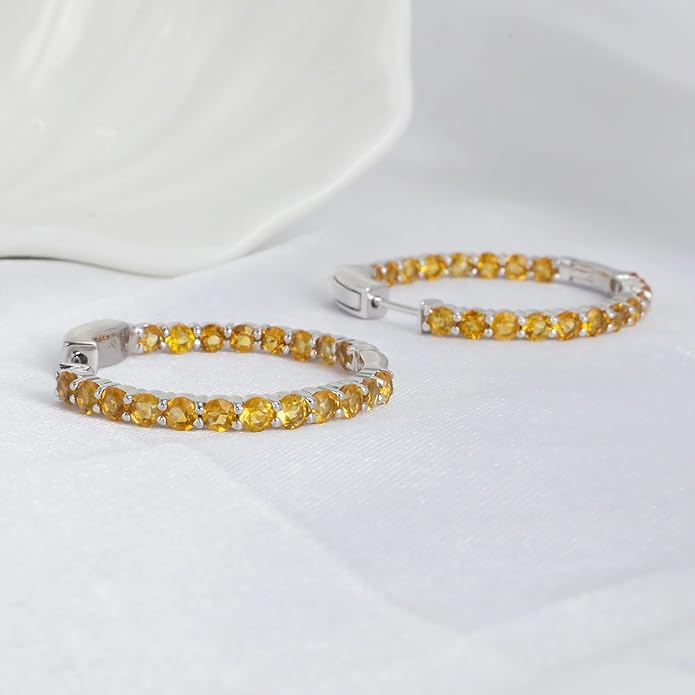Hoop Earrings with 40 Colored Gemstones, Birthstone Earrings, 925 Sterling Silver Rhodium Plated, Push Back Closure, 1.18'
