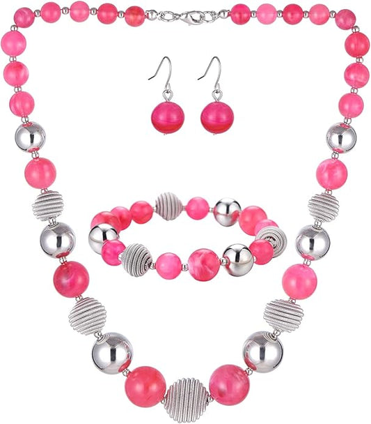 PEARL&CLUB Beaded Chunky Statement Necklace Earring and Bracelet Set Silver Metal Bead Fashion Jewelry Set Mothers’ Day Gifts for Women