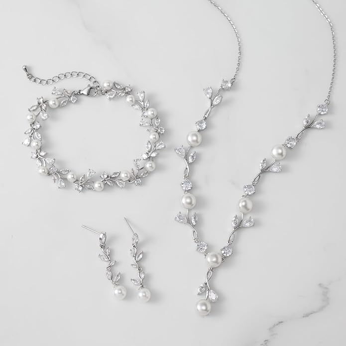 SWEETV Jewelry Set for Bride Women, Cubic Zirconia Pearl Bridal Earrings Necklace Bracelet Set, Bridal Jewelry Set for Wedding Prom