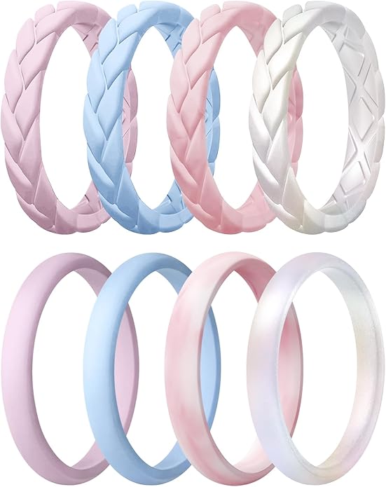 Egnaro Women's Silicone Stackable Rings 3.5mm Wide 2mm Thick, Rubber Flexible Hypoallergenic Wedding Bands For Workout Leaf Braided Fashion