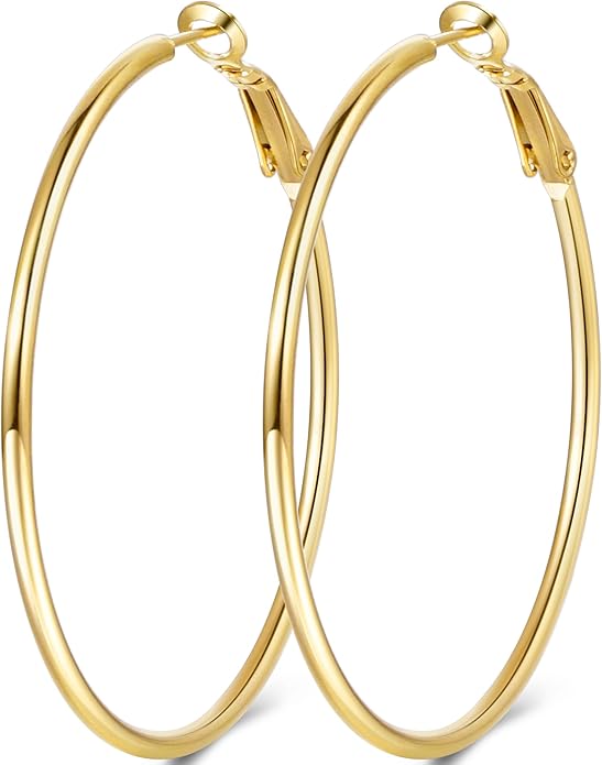 Jewlpire 14K Gold Plated 925 Sterling Sliver Post Hoop Earrings, 2MM Thick Hoop earrings Lightweight Large Hoop Earrings for Women Trendy 20/30/40/50/60/70mm