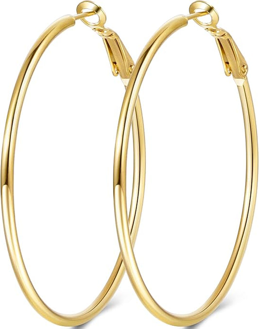Jewlpire 14K Gold Plated 925 Sterling Sliver Post Hoop Earrings, 2MM Thick Hoop earrings Lightweight Large Hoop Earrings for Women Trendy 20/30/40/50/60/70mm