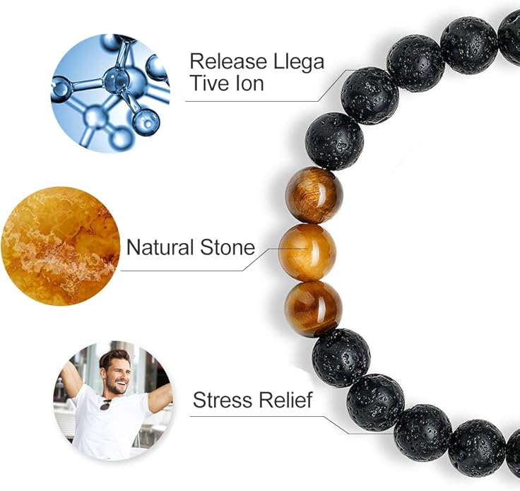 M MOOHAM Natural Stone Bracelets for Men - 8mm Tiger Eye, Matte Agate, Lava Rock - Teen Boys Gifts for Birthday, Anniversary, Christmas
