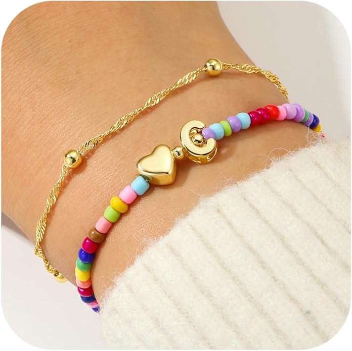 Ursteel Colorful Initial Heart Bracelets for Women - 14K Gold Plated Beaded Letter A-Z Bracelet, Layered Stretch Initial Bracelets, Women Trendy Bohemian Jewelry Birthday Gifts