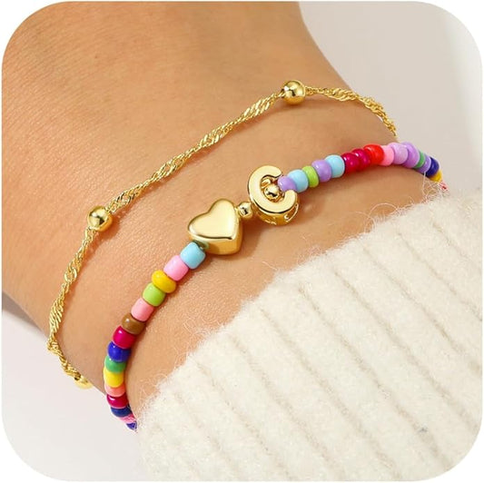 Ursteel Colorful Initial Heart Bracelets for Women - 14K Gold Plated Beaded Letter A-Z Bracelet, Layered Stretch Initial Bracelets, Women Trendy Bohemian Jewelry Birthday Gifts