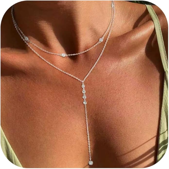 Lariat Necklace for Women, Dainty Long Necklaces, 14k Gold/Silver Plated Y-Shaped Drop Chain Necklace, Simple Layered Necklaces, Trendy Jewelry Gifts for Her