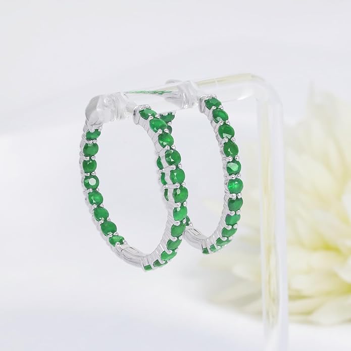 Hoop Earrings with 40 Colored Gemstones, Birthstone Earrings, 925 Sterling Silver Rhodium Plated, Push Back Closure, 1.18'