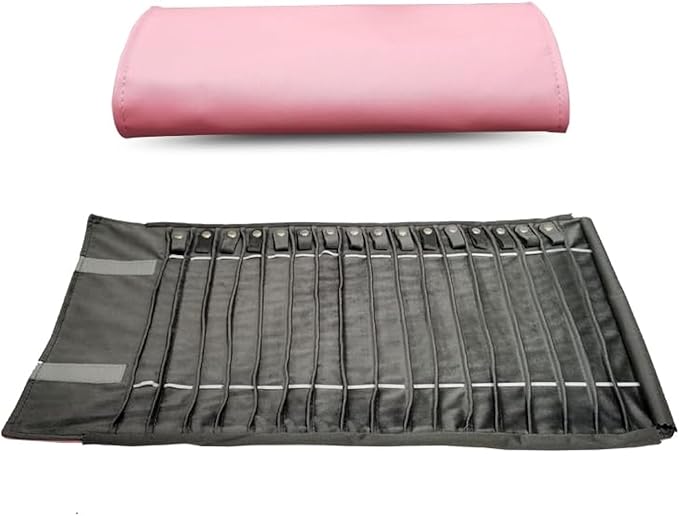 SCIKHEFT Portable Jewelry Roll Untangled Secure Necklace Travel Storage Bag Displays Holder 16 Chain (Pink PU and gray velvet)