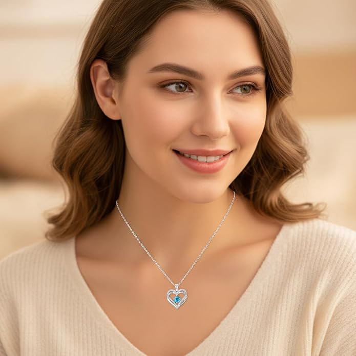 Birthstone Heart Necklace for Women Wife Girlfriend Mom Daughter Gifts S925 Silver Jewelry For Anniversary Rose Gold Gifts For Birthday Christmas Mothers Valentines Day