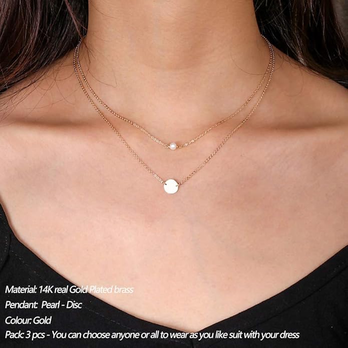 Turandoss Dainty Layered Choker Necklace, Handmade Y Pendant Necklace Multilayer Bar Disc Necklace Adjustable Layering Choker Necklaces for Women
