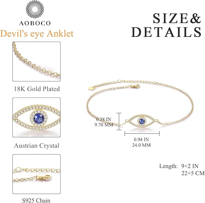 AOBOCO Sterling Silver Anklet for Women Crystal Butterfly Dragonfly Evil Eye Ankle Bracelet