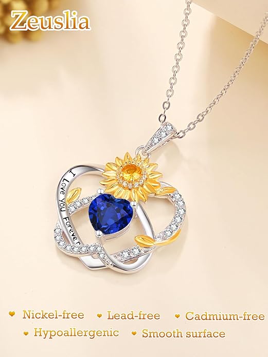 Zeuslia Double Birthstone Necklace Gifts for Wife - 925 Sterling Silver Sunflower/Rose/Crown Cross/Compass/Heart Pendant I Love You Necklace, Anniversary Birthday Gifts for Wife Girlfriend Mom Her