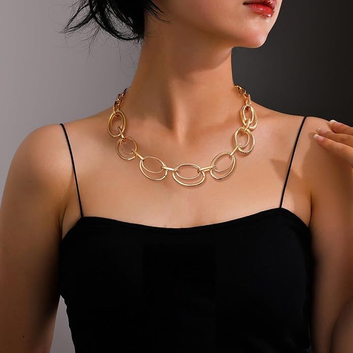 Chunky Gold Necklace for Women: 14k Gold Plated Loop Chain Link Statement Choker Necklace for Women - Chunky Fashion Pendant Jewelry