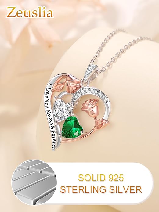 Zeuslia Double Birthstone Necklace Gifts for Wife - 925 Sterling Silver Sunflower/Rose/Crown Cross/Compass/Heart Pendant I Love You Necklace, Anniversary Birthday Gifts for Wife Girlfriend Mom Her
